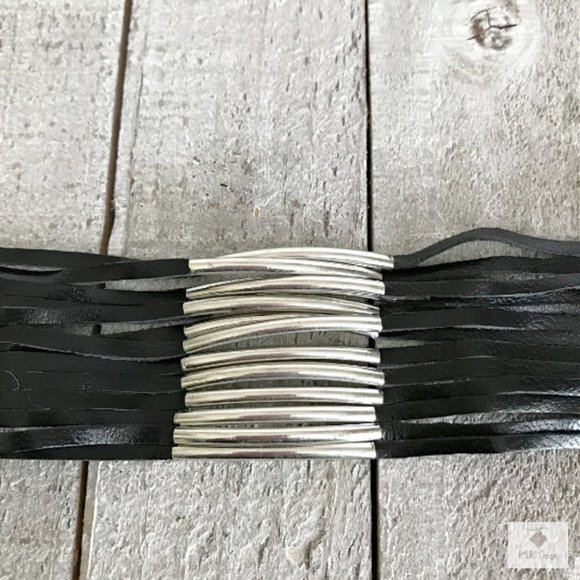 BLACK LEATHER & SILVER BAR WIDE CUFF BRACELET - Picture 2 of 5